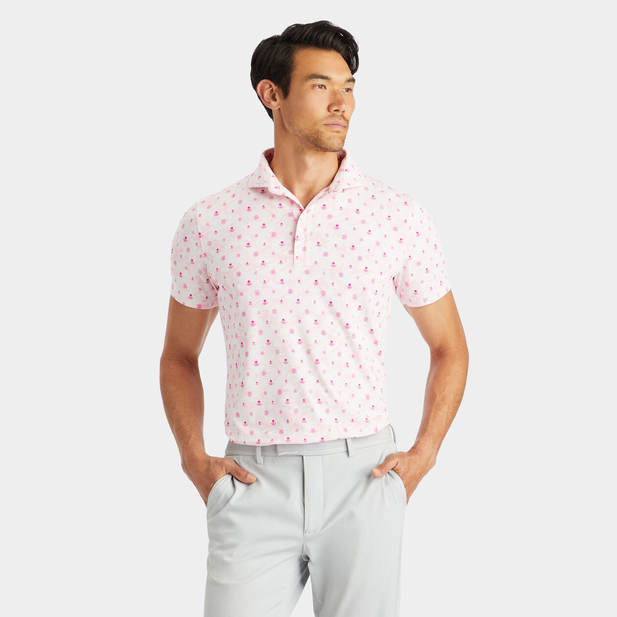 G/Fore Men's Mapped Icon Camo Tech Jersey Modern Spread Collar Polo: Petal