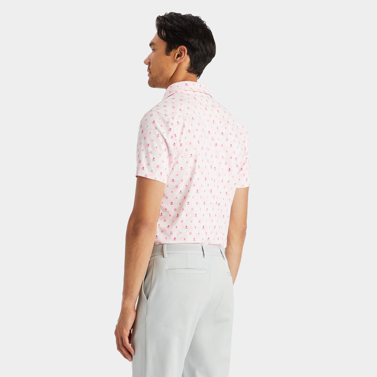 G/Fore Men's Mapped Icon Camo Tech Jersey Modern Spread Collar Polo: Petal