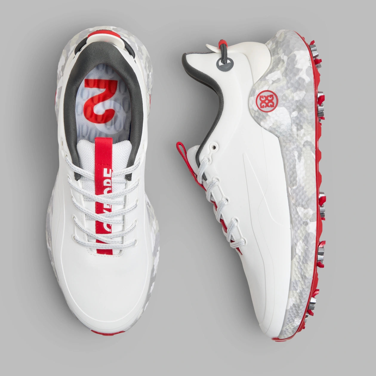 2026 G/Fore Men's MG4+ O2 G/Lock Camo Mid Sole Golf Shoes: Snow/Charcoal