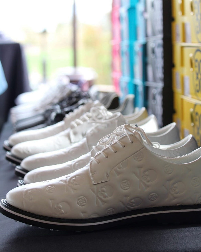 G/Fore Men's Gallivanter Debossed Skull & Tees Leather Golf Shoes: Snow/Onyx