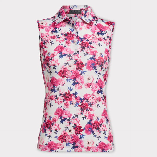 Brand New! G/Fore Women/s Photo Floral Stretch Tech Jersey Sleevel Polo: Snow